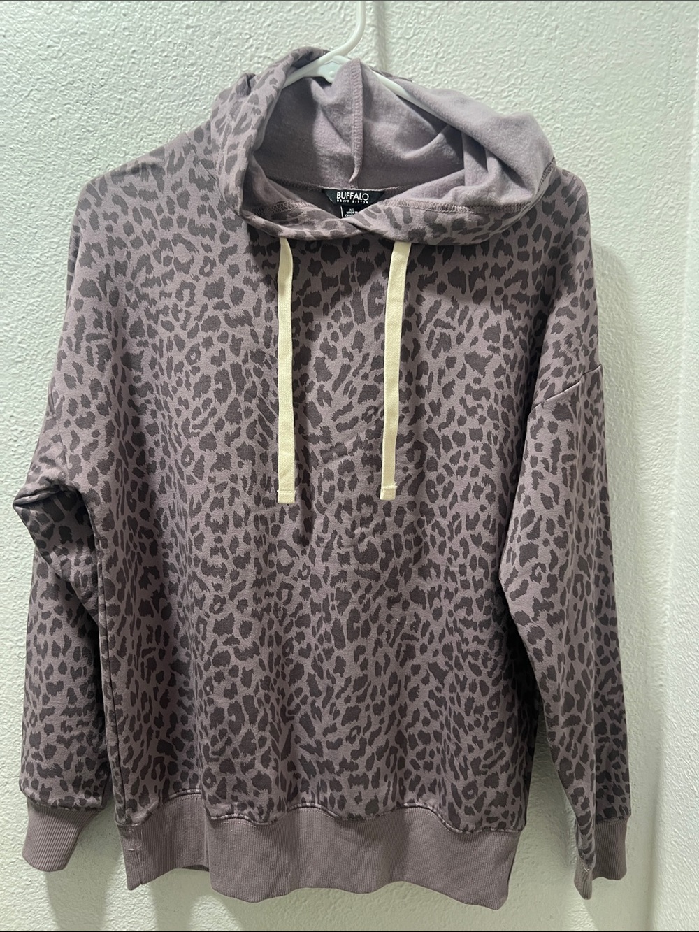 Buffalo David Bitton Mauve Leopard Crewneck Hoodie with Cream Drawstrings